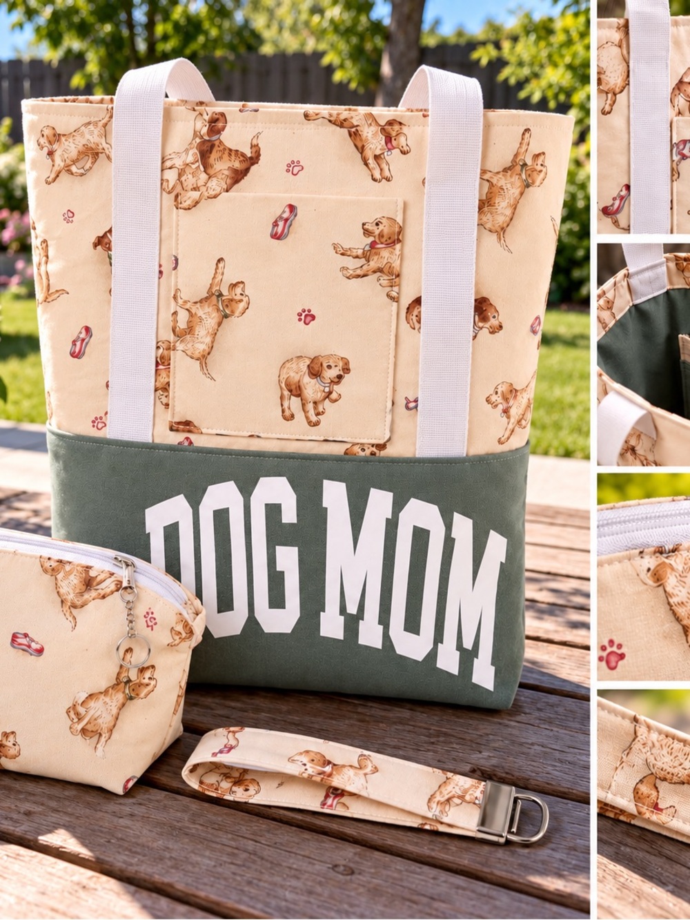 Hand Crafted Dog Mom Tote Set - Sage Green and Cream
